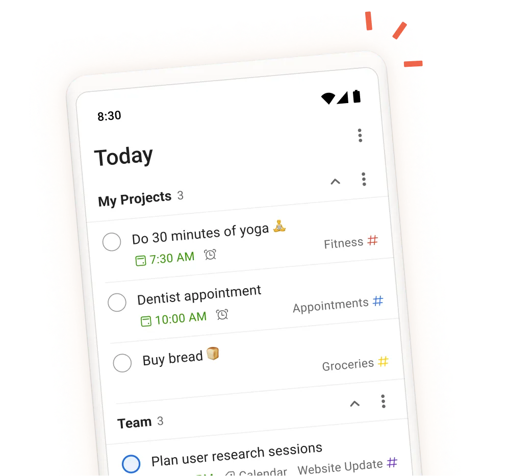 Todoist app interface showing daily tasks, projects, and team sections with a mobile view of task entry screen.