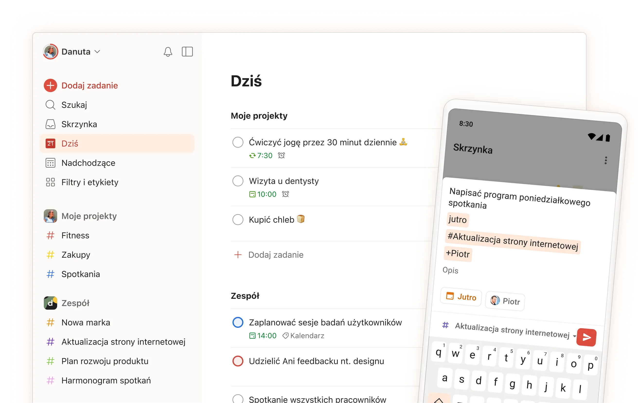 Interfejs aplikacji Todoist pokazujący codzienne zadania, projekty i sekcje zespołu z mobilnym widokiem ekranu wprowadzania zadań.